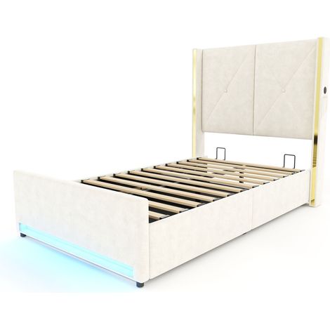 Lit en velours avec tête de lit haute, rembourrée et capitonnée, poches latérales, USB et LED, système de levage hydraulique et grand espace de rangement sous le lit – allie design, confort et pratici (1/5)