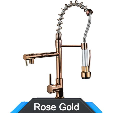 Robinet de cuisine, douchette escamotable, bec pivotant à 360°, Rose doré (1/2)
