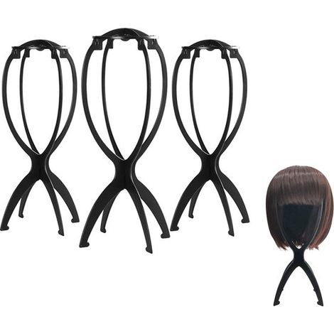 Ensemble de 3 pièces : support pour perruque, pince de maintien pour perruque, accessoires pour perruque. Design pliable, facile à plier et à ranger. Noir.