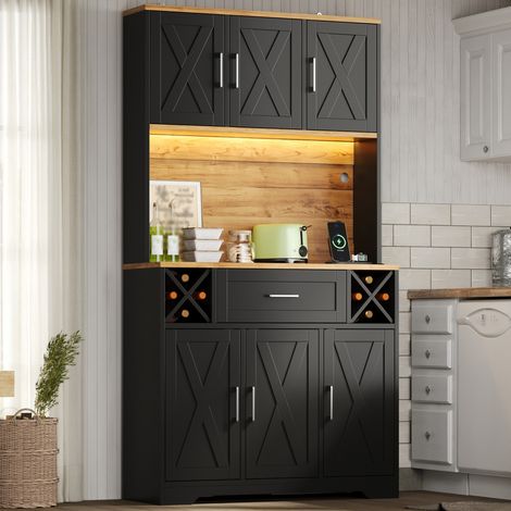 Küchenschrank, hoher Stauraumschrank mit LED-Beleuchtung, Vorratsschrank mit Weinregalen, Weinschrank & Vitrinenschrank für Wohnzimmer und Esszimmer, 180 × 105 × 40 cm (1/5)