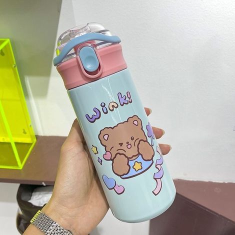 Borraccia termica portatile con cannuccia per bambini, in acciaio inossidabile, colore azzurro, 480 ml. (1/4)