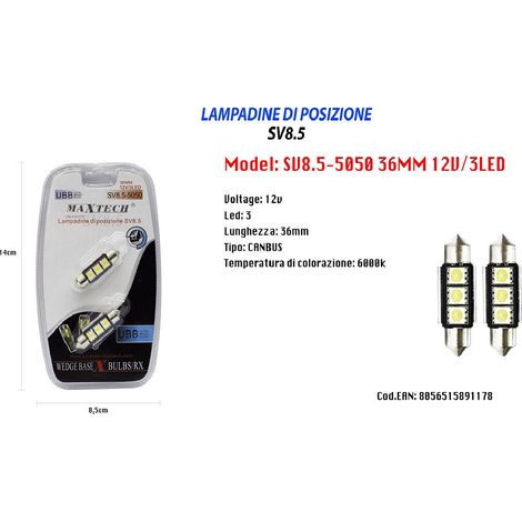 TRADE SHOP - Lampadine Di Posizione Maxtech Sv8.5-5050 12v 3led 36mm Lampadine Ultra Luminose -