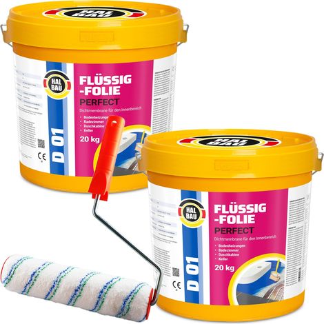 HALBAU Flüssigfolie Perfect Badabdichtung Dichtmembran Dichtfolie + Farbroller 25cm D01 - 40KG