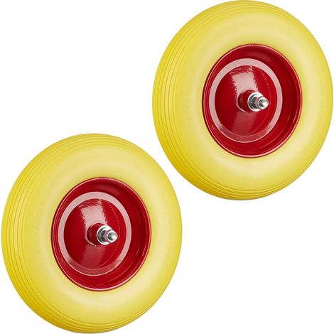 Set de dos ruedas de carretilla, Neumático de goma con eje, Llanta de acero, Amarillo-rojo, 100kg (1/5)