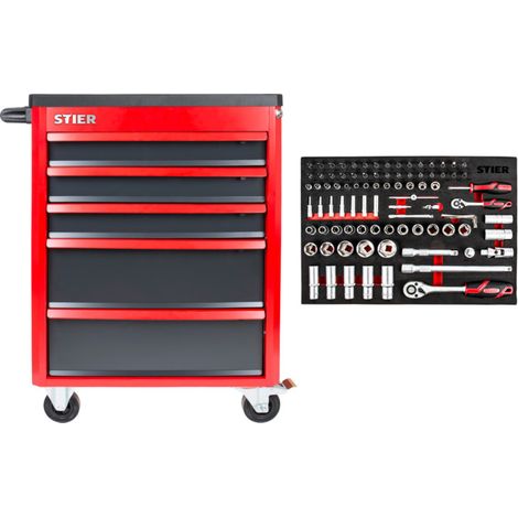 STIER Servante d'atelierBasic+ garnie 92 pcs, jeu de douilles 1/4 et 1/2", 5 tiroirs, charge max. 185 kg, chariot de montage, chariot d'outils (1/5)