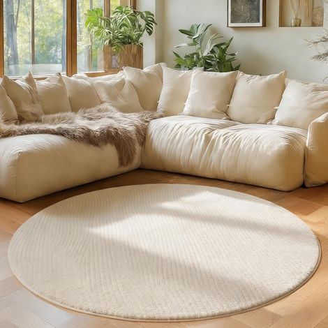 Tapis Salon Rond 120cm Crème Moderne Tapis Chambre Antidérapant Haute Densité de Poils Tapis Doux pour Chambre à Coucher (1/5)