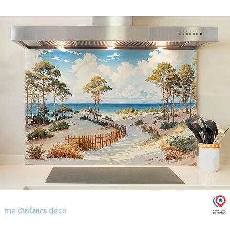 Fond de hotte : Dune, Arbres et mer, Sud ouest, Aquarelle 2 - Verre trempé - 90 cm - 60 cm (1/5)