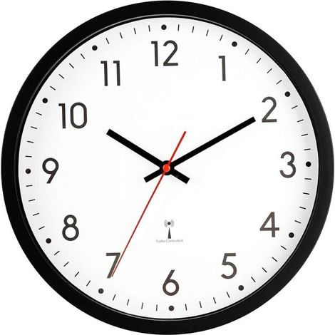 Horloge murale radio-pilotée - 30 cm - Avec changement de l'heure automatique - En plastique - Pour salon, maison, bureau, école - Noir (1/5)