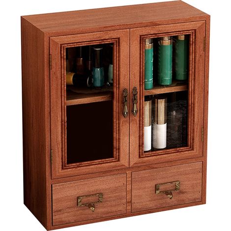 Wooden Desktop Storage Cabinet with Double Door and Drawers Clear Grain Retro Wooden Jewelry Box for Perfume Cups Cosmetics