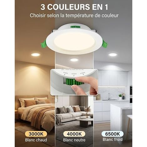 Spot LED Encastrables 68mm 5W 220V, Températures de Couleur Réglables, Blanc Chaud 2700K / Neutre 4000K / Froid 6000K, Spots de Plafond IP44 Étanche pour Salle de Bain Salon Cuisine (1/4)