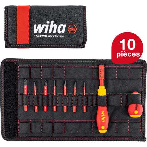 Wiha Jeu de tournevis et embouts slimVario® Fente, Phillips, Pozidriv, 10 pcs y compris une trousse repliable (41232)