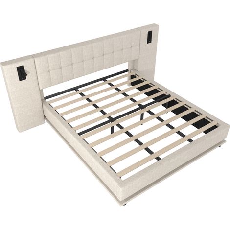 Lit tapissier 180x200 en lin beige, lit avec éclairage led et tête de lit avec liseuse, lit avec port usb, sans matelas (1/5)