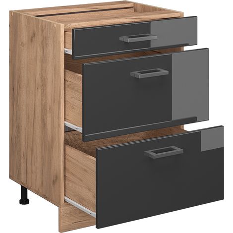 Mobiletto base per cucina R-Line, Antracite lucido, 60 cm con cassetti, senza piano di lavoro, Vicco (1/4)