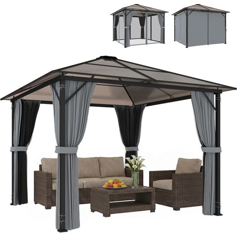 Pavillon 3x3m Polycarbonate, Structure Aluminium Gris Foncé, Moustiquaire & Rideaux (1/5)
