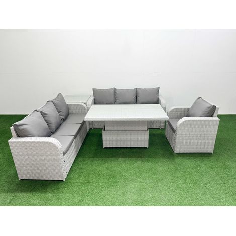 Fimous 7 Seater Poly Rattan Outdoor Garden Furniture Adjustable Lifting Dining or Coffee Table Sofa Set Patio 3 Seater Sofa Reclining Chair 3 Seater Sofa Side Table Light Grey (1/5)