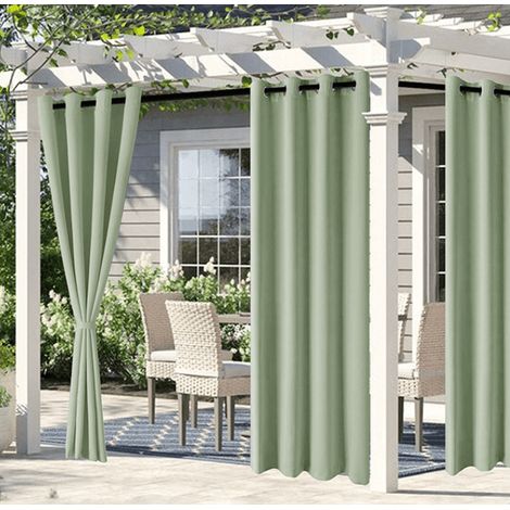 Rideaux extérieurs déperlants, pack de 2, dimensions 2 x 2,7 m, isolation thermique, anti-UV, idéaux pour terrasse, balcon et pergola, teinte verte (double panneau). (1/4)