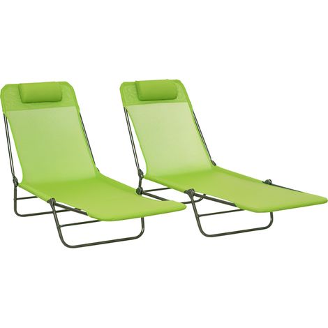 Outsunny 2 Pieces Sun Loungers Foldable Reclining Chair with Headrest Green (1/5)