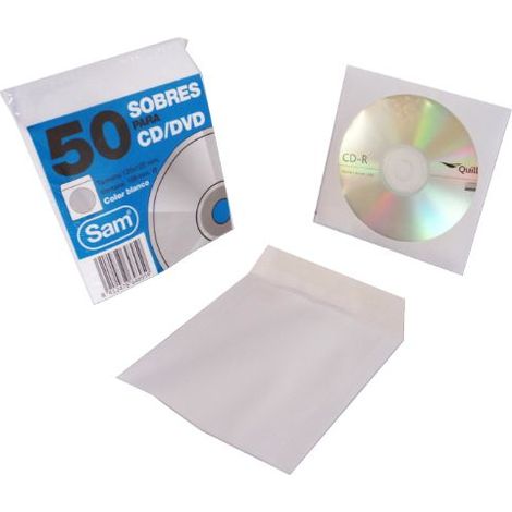 PAQUETE 50 SOBRES PARA CD / DVDS. BLANCO 90 GRS. VENTANA PLASTIC0 108 DIAMETRO 125X125 ENGOMADO AUTOADHESIVO SAM 664897
