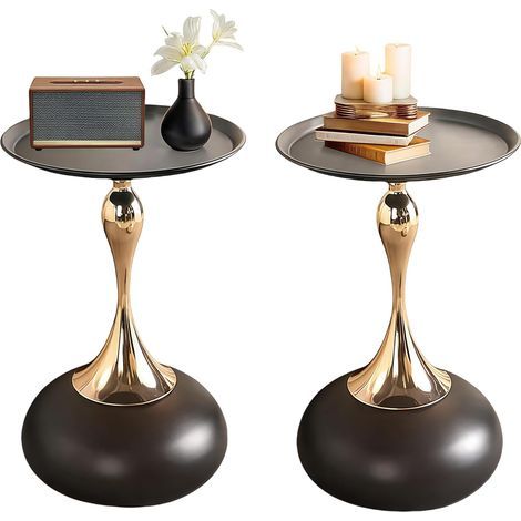 Round side table, 38cm coffee table with metal base, for small living room, bedroom, black (1/5)