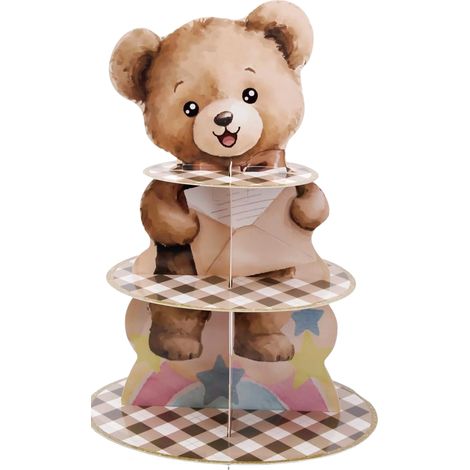 Présentoir à cupcakes à 3 étages en forme d'ours brun, adorable tour à desserts en carton sur le thème des ours en peluche, présentoir à cupcakes pour baby shower, fête d'enfants et révélation du sexe (1/5)