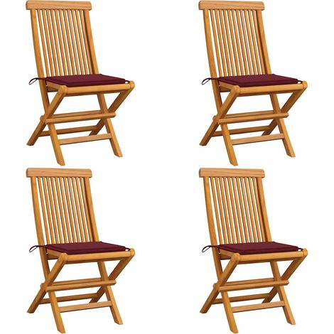 Sillas de jardín 4 uds con cojines rojo tinto madera de teca