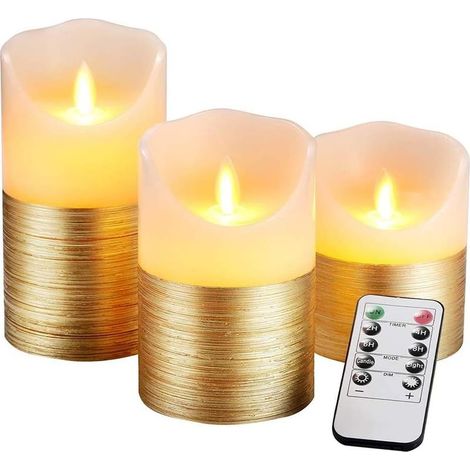 3 Set Or Bougies LED sans Flamme Fonctionne sur Batterie aveCôtélécommande à 10 Touches et Minuterie Cycliste 24 Heures, Vraie Cire Flickering Moving Mèche Scintillante Lumière Jaune Ambre-Fei Yu (1/5)