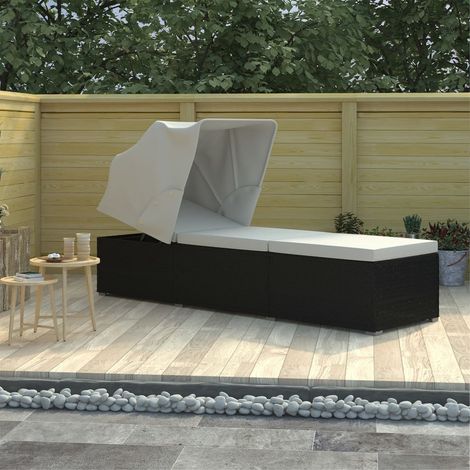 Chaise longue avec auvent et coussin-Bain de soleil-Transat de relaxation Résine tressée Blanc crème 794525 (1/5)