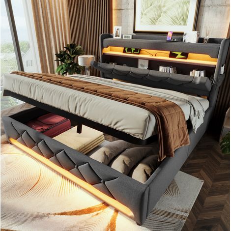 letto contenitore 140x200 con USB LED grigio OKMYHOME (1/5)