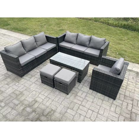 Fimous Rattan Garten Möbel Lounge Sofa Set im Freien mit länglichen rechteckigen Couchtisch Arm Stuhl 2 Hocker