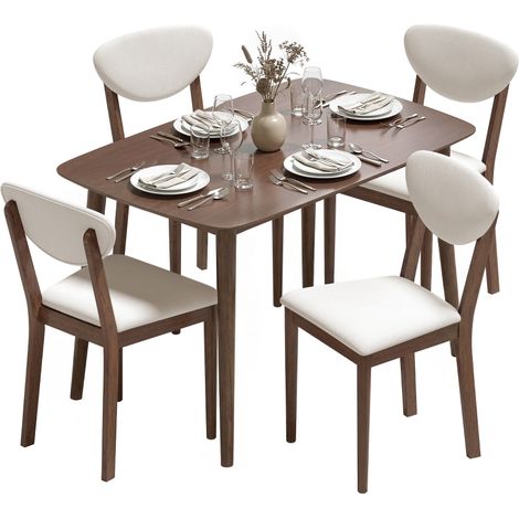 Ensemble Table Salle à Manger, 1 Table, 4 Chaises, Assise Rembourrée, 4 Personnes, Crème (1/5)