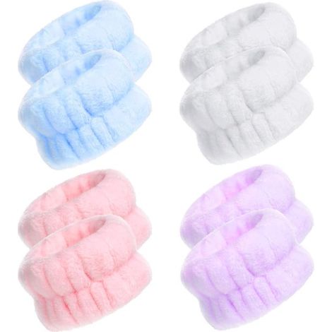Bracelets chouchous en microfibre - 4 paires - Bandeaux absorbants - Bracelets Nettoyage du visage - Élasticité - 8 x 6 x 3 cm - Wit, rose, bleu et violet (1/5)