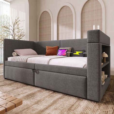 Lit gigogne Banquette 90x200 extensible 180x200 avec accoudoirs réversibles USB USB-C porte-gobelets gris (1/5)