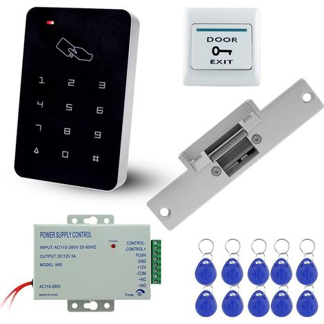 Kit Complet de système de contrôle d'accès RFID avec Verrouillage électrique de Type NC Alimentation d'énergie de DC12V / 3A, Bouton de Sortie de Porte, étiquettes de clé de 10pcs RFID (1/5)