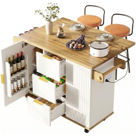 Ensemble desserte de cuisine et tabourets de bar : un îlot de cuisine mobile doté de prises électriques et de tabourets de bar ergonomiques, arborant une finition blanche et imitation bois. (1/5)