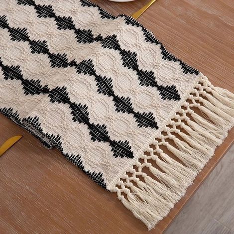 Camino de mesa estilo bohemio con borlas，35x220cm con camino de mesa anudado con borlas，estilo rústico campestre，tapete para tocador (1/5)