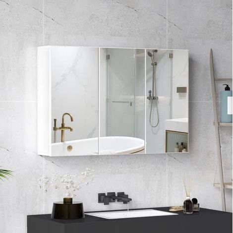 Armadio bagno con 3 ante a specchio, 90 x 15,5 x 60 cm, bianco DESVIAE (1/5)