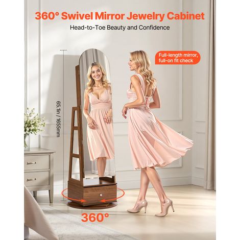 Armoire à bijoux pivotante à 360°, organiseur de bijoux sur pied, 1650 mm, avec miroir pleine longueur, étagères de rangement, port… (1/5)