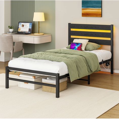 Lit 90x200 cm en métal noir et MDF avec tête de lit effet bois, LED RGB et rangement sous le lit (1/5)