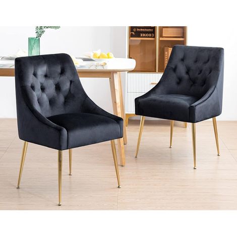 Lot de 2 chaises de salle à manger en velours noir, pieds métal doré, dimensions 78,5 × 56 × 49,5 cm (1/2)