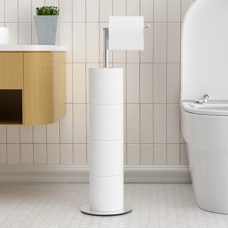 1 - Porte-Rouleau Papier Toilette - Support Pied Acier Inoxydable - Distributeur Autoportant Pliable - Pour Salle de Bain Nickel Brossé 17x17x59cm (1/5)