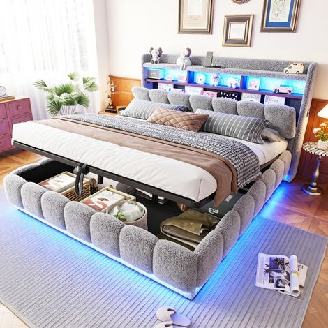 Polsterbett 180x200 mit hydraulischem Stauraum und LED-Beleuchtung, Doppelbett mit USB-Anschluss und Bettkasten, Lammfellstoff Grau (1/5)