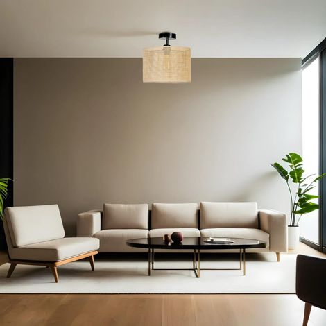 Lustre en métal avec capuchon en bambou, diamètre 30 cm, hauteur 30 cm, culot E27, max 40 W, doré, noir et beige, éclairage pour les espaces modernes (1/5)