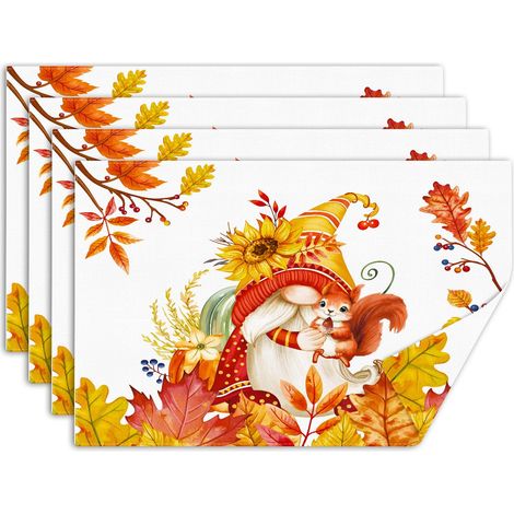 Lot de 4 Sets de Table d’Automne, Sous Assiette Feuille d’Érable et Tournesol, Dessous Assietter Lavable Absorbant en Lin pour Cuisine, Salle à Manger, Fêtes Décoration 30x45cm (1/5)