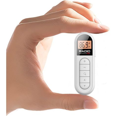 Mini radio de poche FM 76-108 MHz rechargeable USB-C, écran LCD, prise casque et clip de fixation, radio portable légère, blanche (1/5)