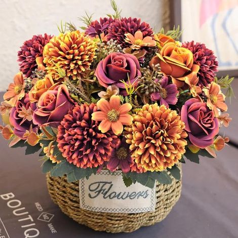 Ensemble de 3 fleurs artificielles d'automne – chrysanthèmes/roses/marguerites en soie – 31 cm – Pour la décoration de table et les bouquets de mariée (1/5)
