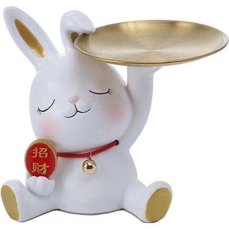 Décoration de table/plateau de porche avec figurine en résine blanche, motif lapin porte-bonheur, design mignon et mignon. (1/5)
