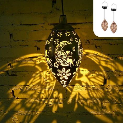 Lot de 2 lampes solaires à suspendre, motif ajouré métal, étanches IP65, pour jardin, balcon et terrasse