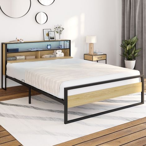 Cama doble DETROIT con LED integrados en el cabecero y somier de 140 x 190 cm de metal negro y efecto madera de diseño industria