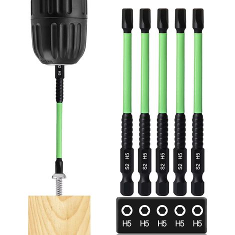 Lot de 5 tournevis hexagonaux H5 de 5 mm de long - 100 mm de long - 1/4" S2 - Hexagone - Pour visseuse sans fil (1/5)