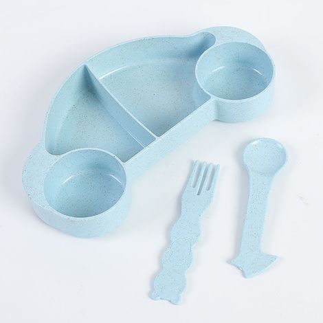 Ensemble de 3 couverts en plastique bleu, motif paille de blé, fourchette et cuillère pour enfants, bol à fruits. (1/2)
